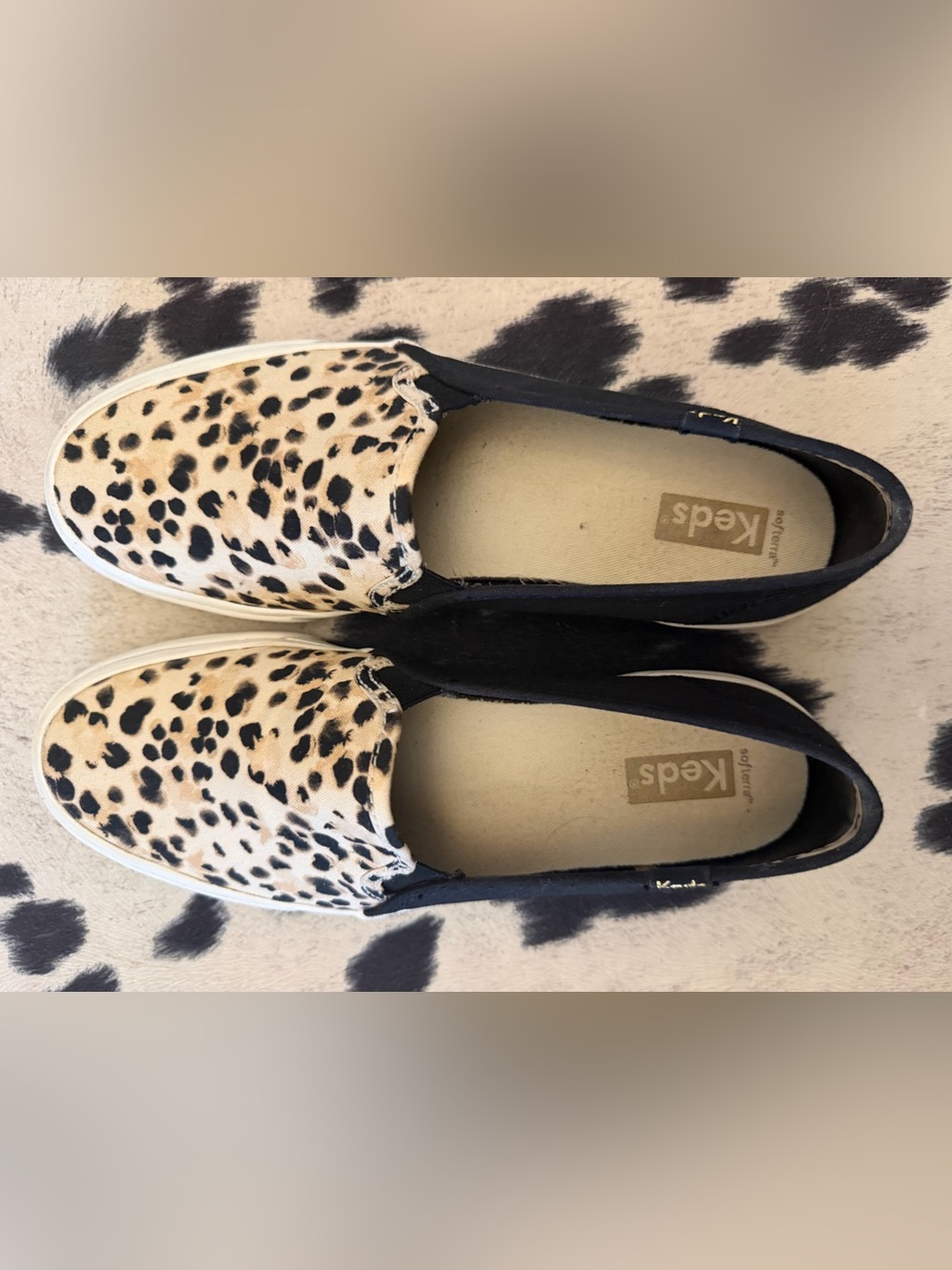 Keds Leopard Print Slip-On Flats in Tan and Black